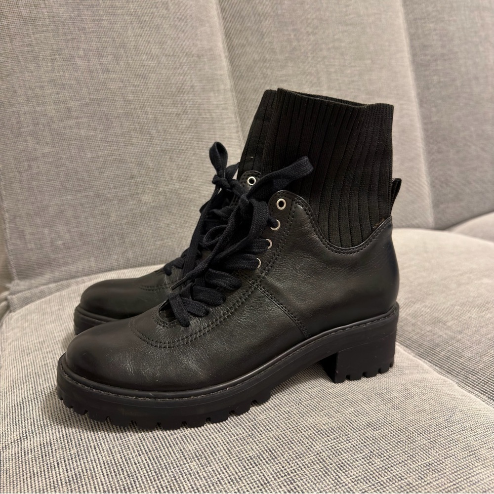 SCHUTZ Becky Black Combat Boots Leather Upper Elastic Sock Detail Size 6.5 Women